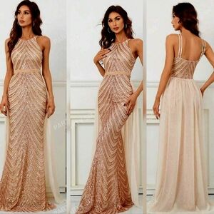 Glamorous Backless Sequin Gown - Champagne